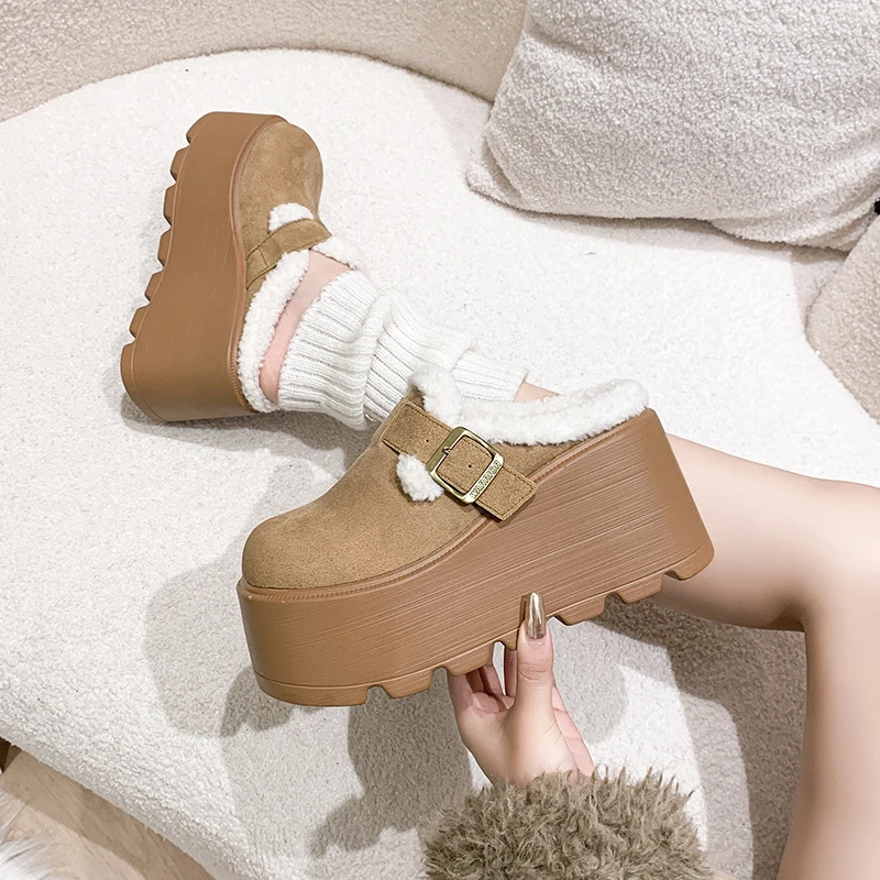 9CM Women High Platform Slippers Wedges Shoes Woman Outside Leather Casual Chunky Sneakers 2025 New Winter Autumn Pluah Slippers