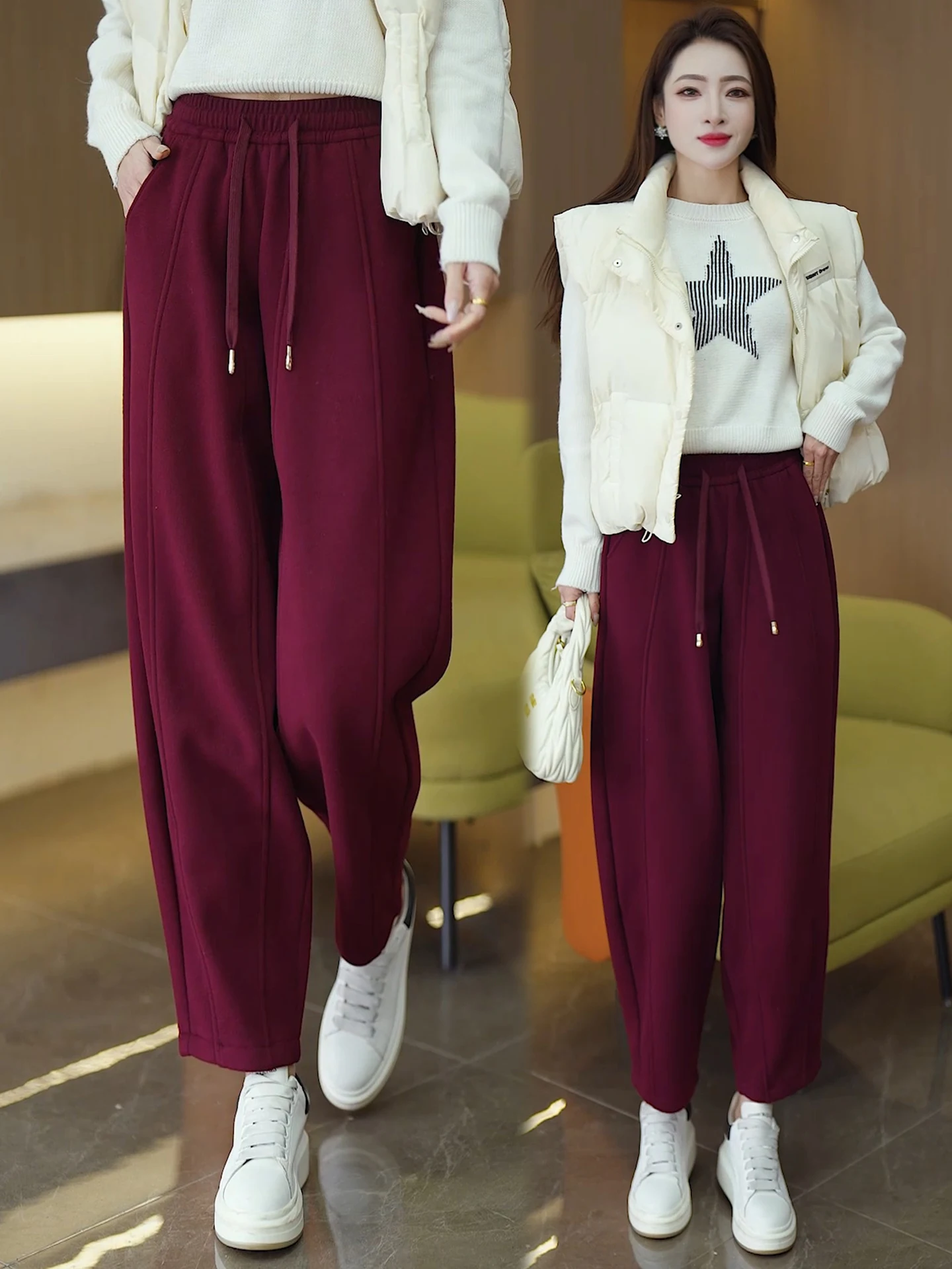 

Женские утепленные шерстяные брюки-морковки с высокой талией, осенне-зимняя новинка, маленькие размеры, повседневные, свободного кроя, на флисовой подкладке