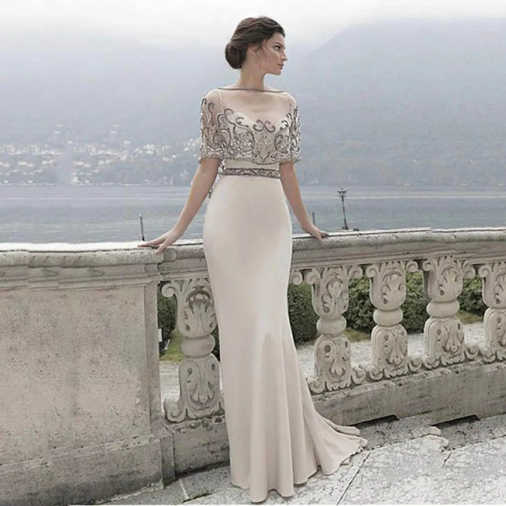 Retro Embroidery Beading Evening Dresses Satin Lace Scoop Neck Spaghetti Straps Illusion Mermaid Party Long Gowns Banquet