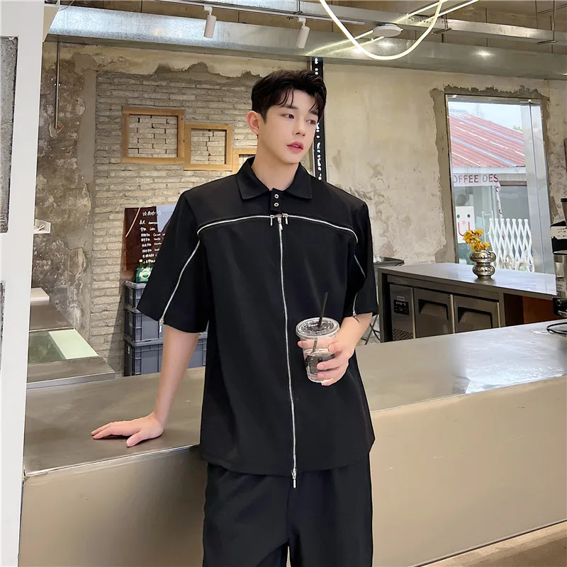 

ort Sve Men's irt Loose Fit Zipper Design Faionable Outerwear Youth Summer Casual Pure Color Square Collar