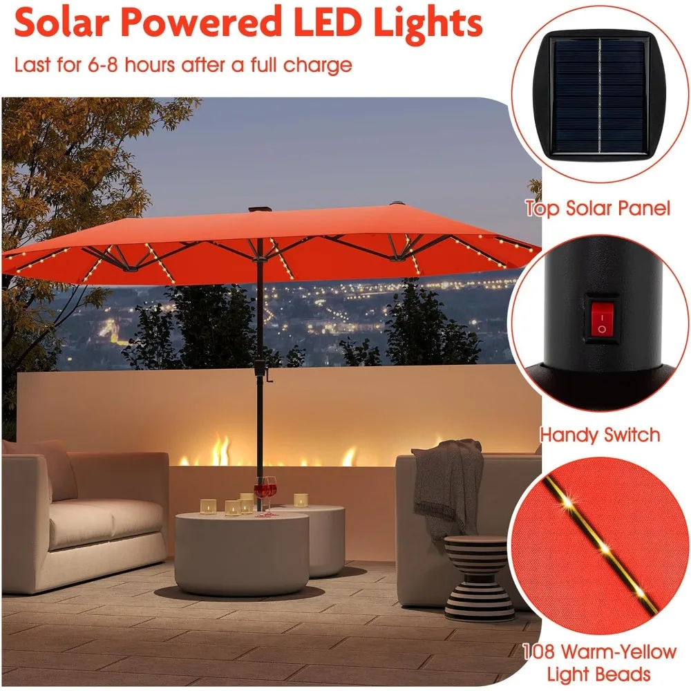 13 Fuß Solar-LED-Terrassenschirm, doppelseitiger Marktschirm für den Außenbereich mit 108 LED-Leuchten, 12 robuste Rippen.