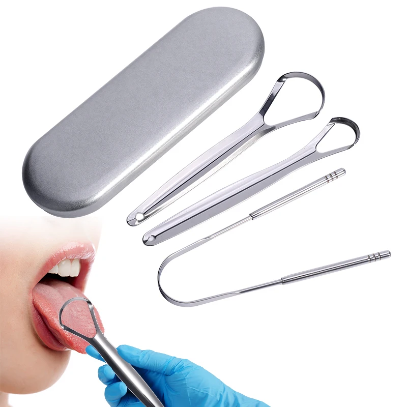

Набор из 3 скребков для языка из нержавеющей стали с портативным футляром, без запаха, инструмент для ухода за полостью рта, для свежего дыхания, пластина для чистки языка