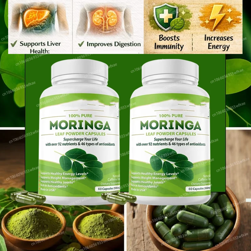 Pure Organic Moringa Oleifera Leaf Powder Capsules 500mg Immune System & Energy Booster Vegetarian Supplement Antioxidant