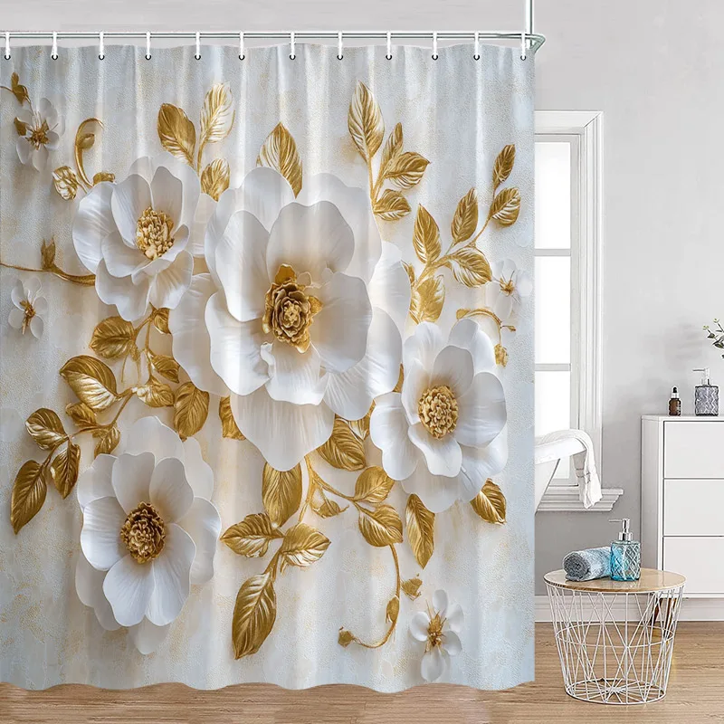 Luxury Gold White Floral Shower Curtain Rose Butterfly Cherry Blossom Modern Art Flower Polyester Fabric Bathroom Curtains Decor