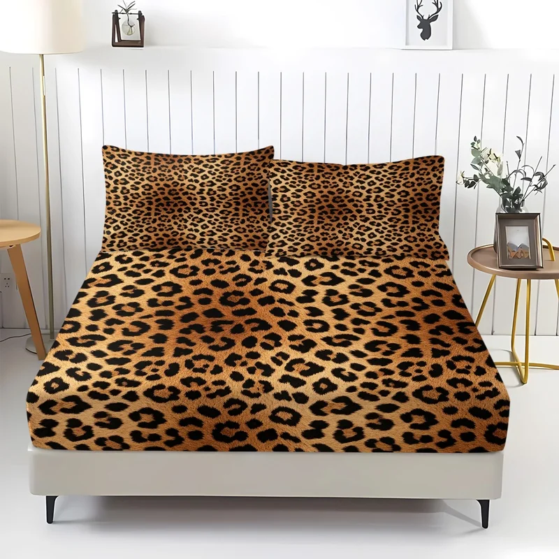 3Pcs Vintage Leopard Fitted Sheet Set,Polyester,Multi‑Size,Skin‑friendly&Fade‑proof,Wildlife Camouflage Print,No Pillow Inserts