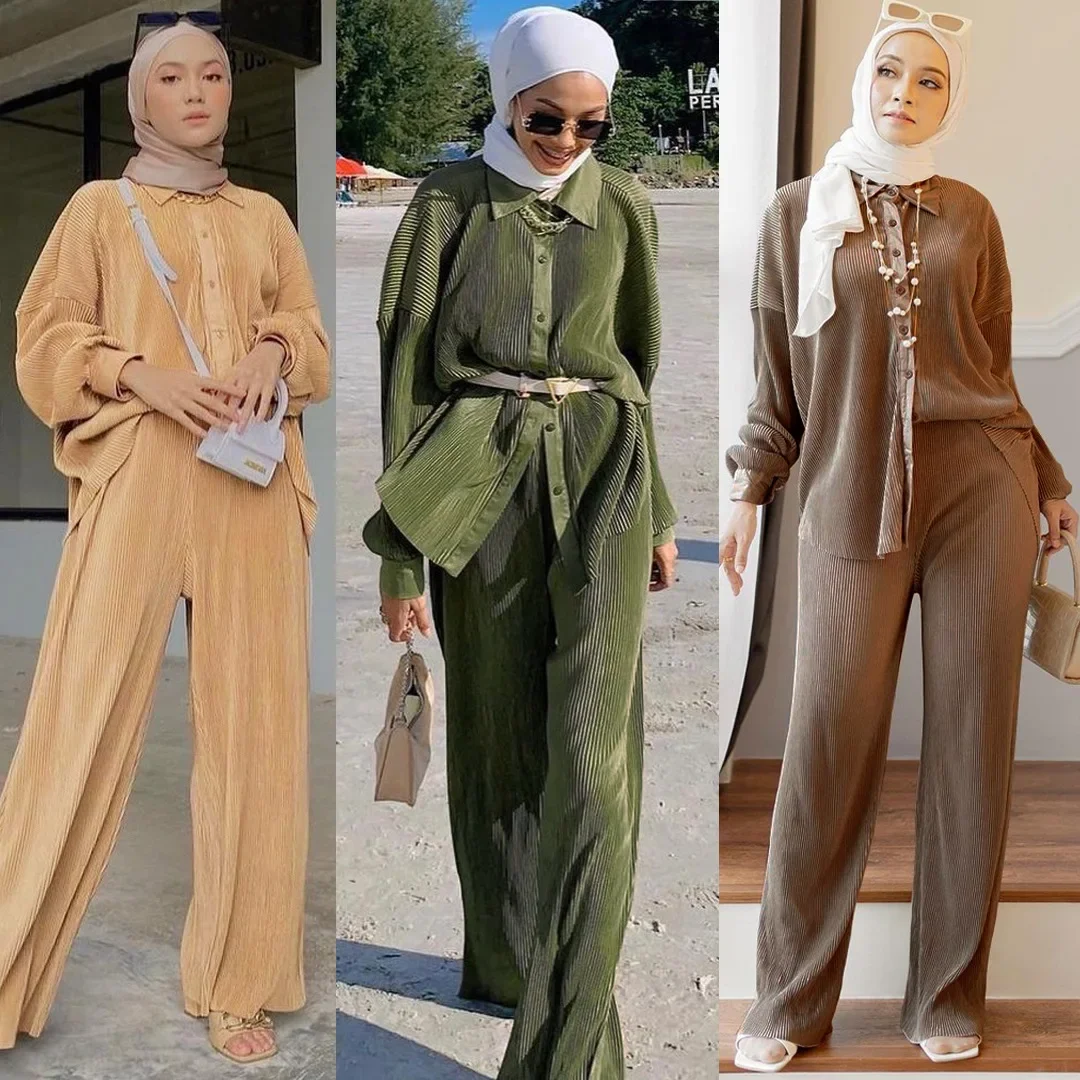 2 Piece Set Female Buttons Muslim Women Fashion Tops Long Pants Pleated Modest Shirt Trousers Abaya Dress Kaftan Outfits Clothes