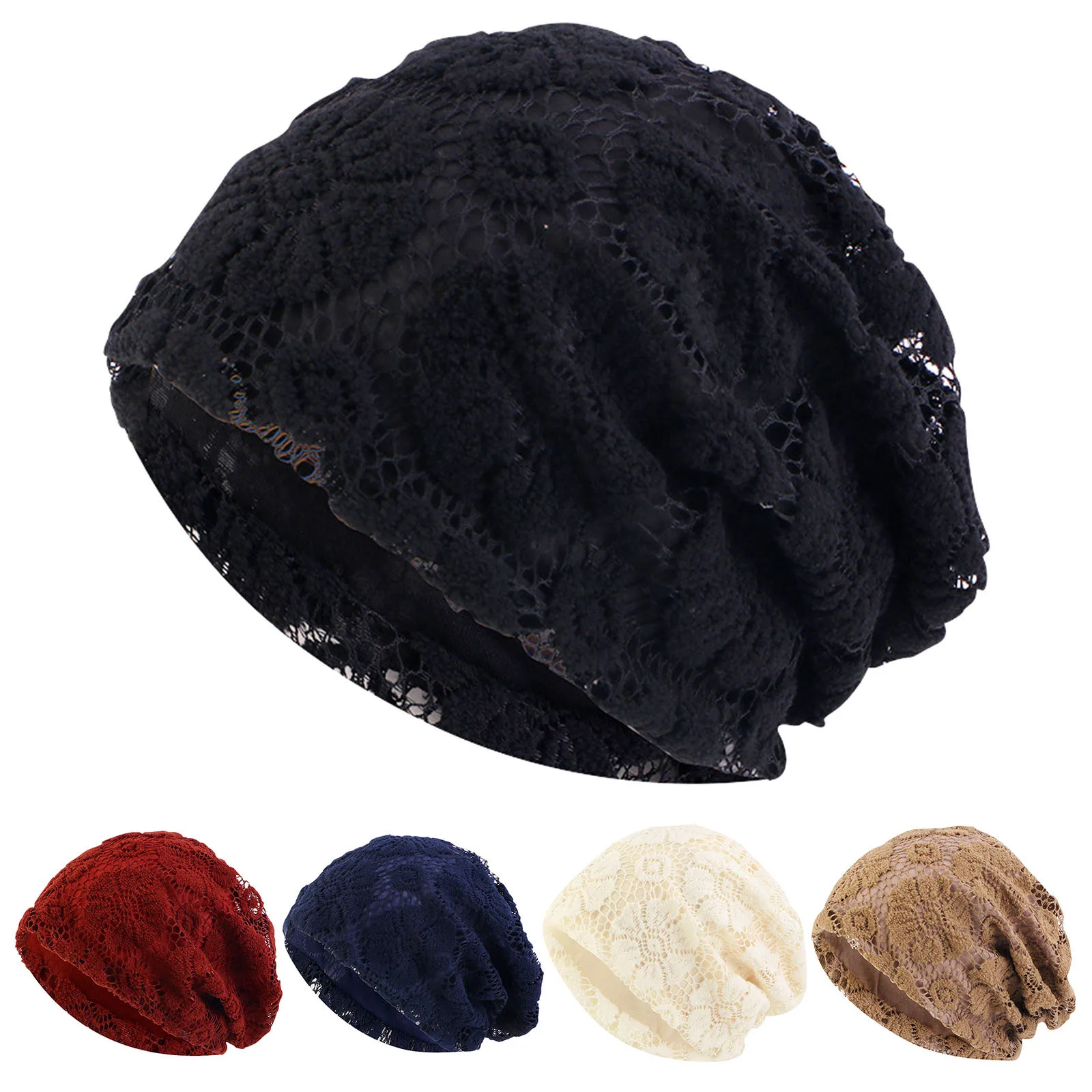 Women's Foldable Cooling Mesh Handmade Floral Lace Cotton Chemotherapy Hair Loss Caps Slouchy Hat Soft Skin-friendly Hats