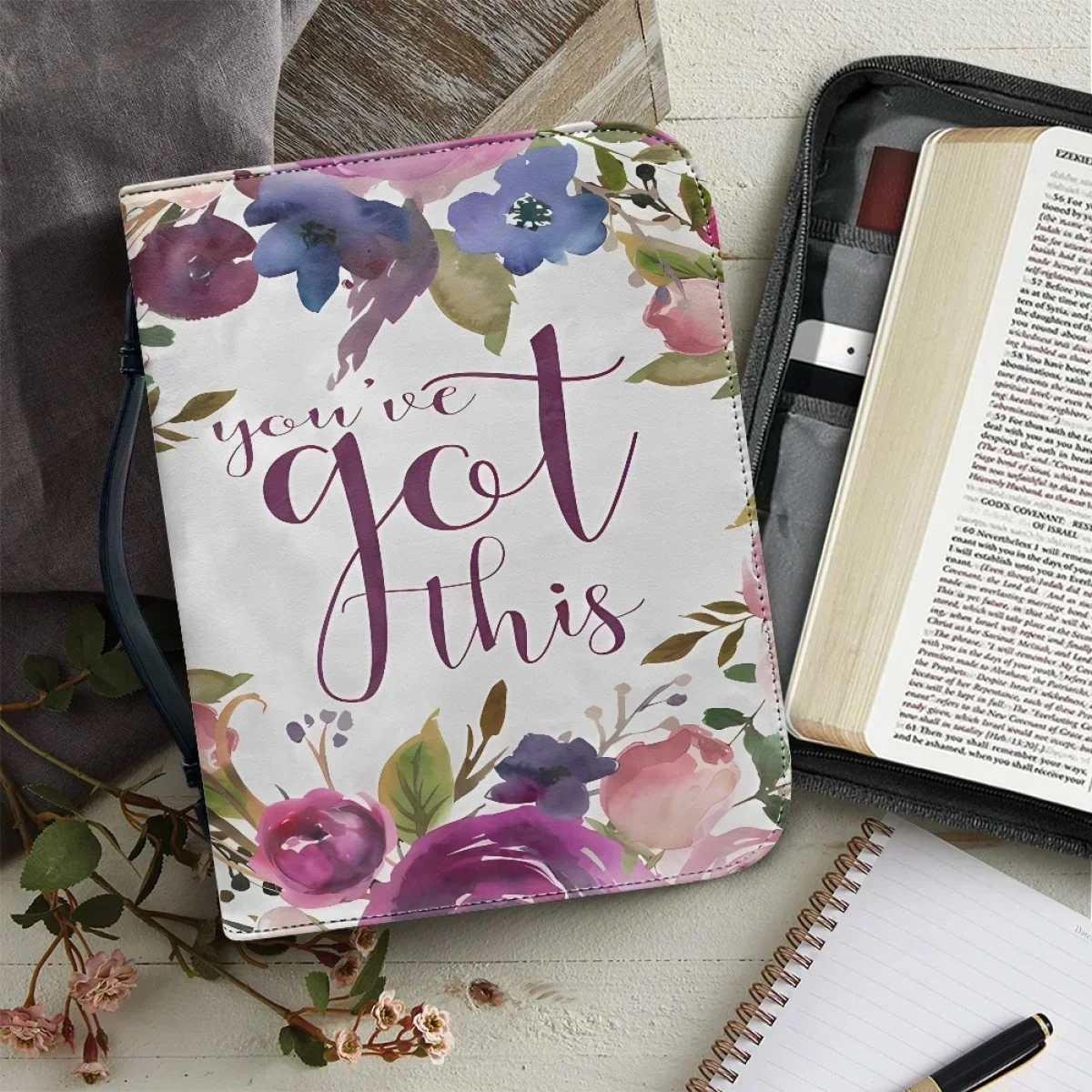 

Красивый кожаный чехол-сумка для Библии с цветочным принтом для женщин, на молнии, с ручкой, практичная христианская сумка для хранения Библии