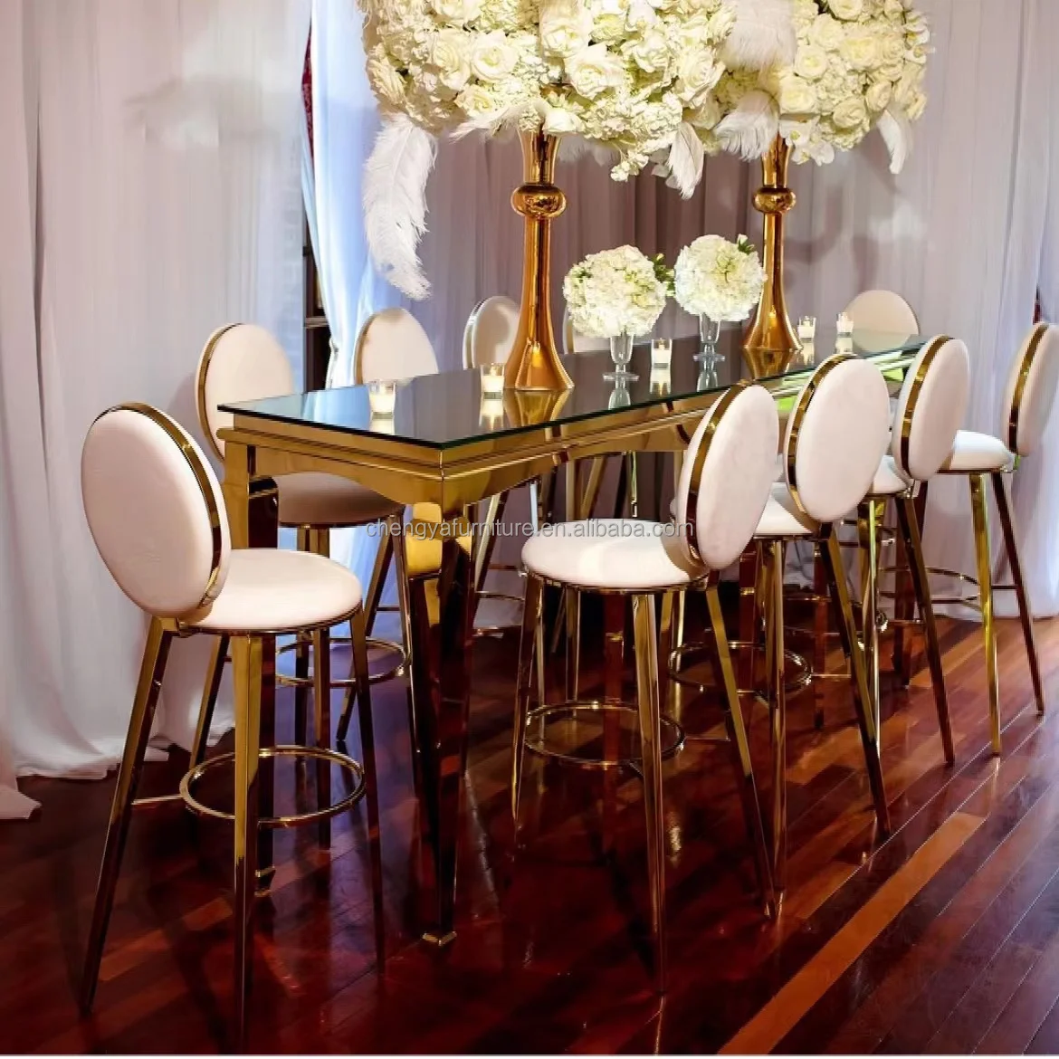 Party Furniture Gold Stainless Steel Metal Glass Top Bar Table And Stool Set