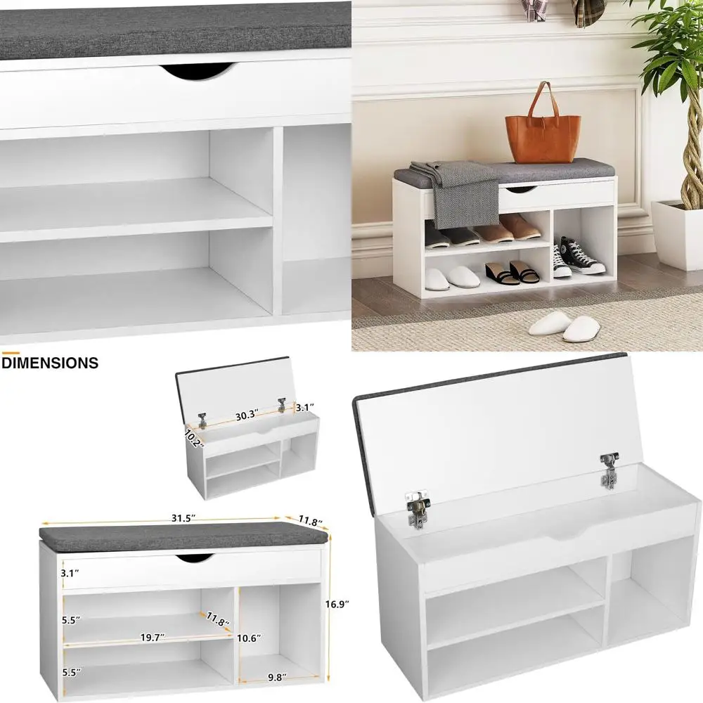 

White and Gray Entryway Shoe Bench with Storage, White Storage Bench for Shoes