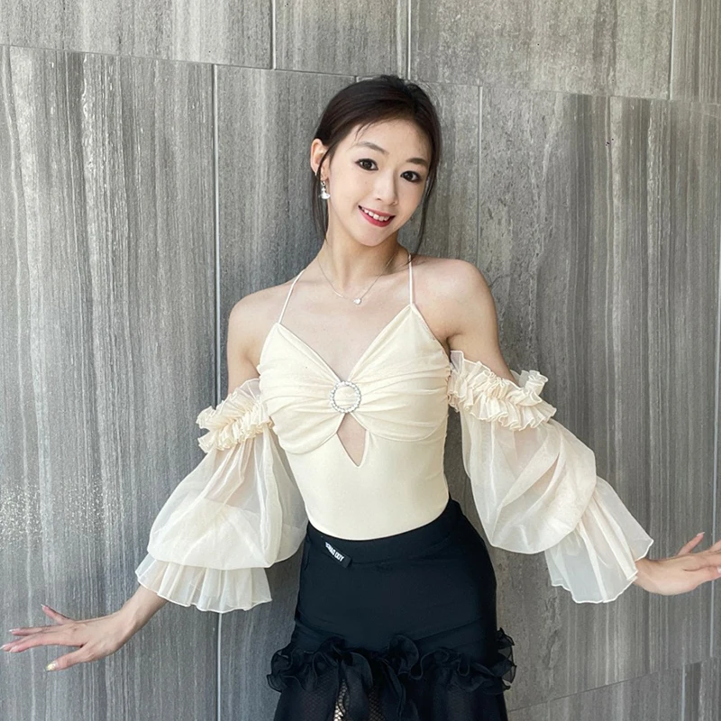 

Топы для бальных танцев, женское боди с пышными рукавами феи, одежда для латинских танцев для взрослых, одежда для румбы, сальсы, одежда для выступлений DNV18742