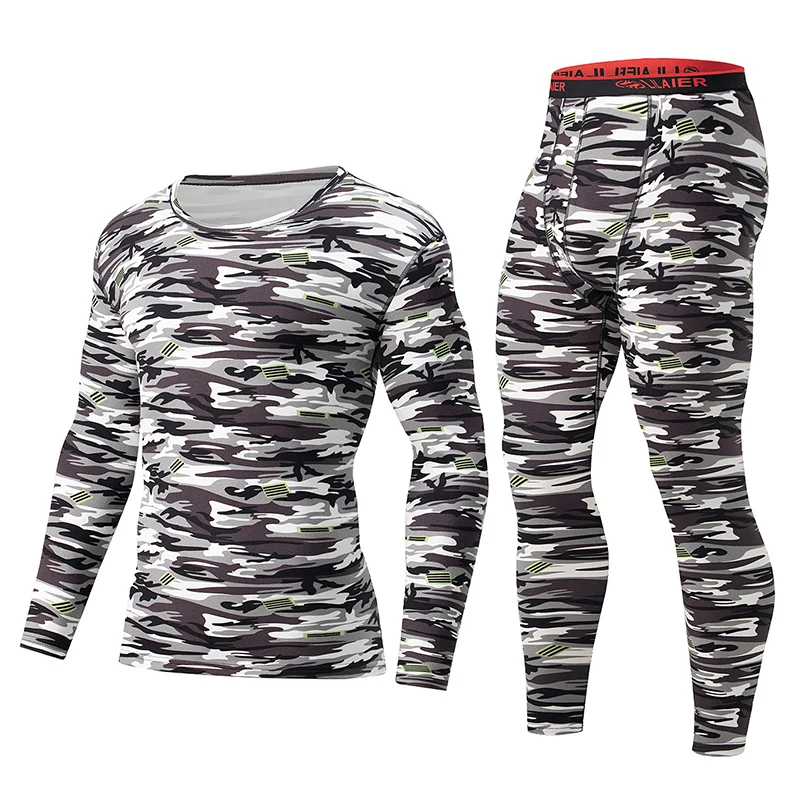 2-piece Men's Autumn/Winter Grid Camouflage Printed Thermal Underwear Set Sports And Casual Autumn Clothing Pants Trendy