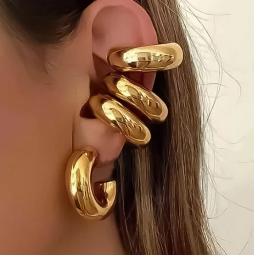 DOO MEI Minimalist Glossy Gold Multi‑layer Ear Cuff for  Piercing  Tube Clip on Earrings Daily Office Streetwear Party Jewelry