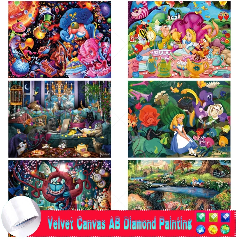 Disney 5D DIY AB Velvet Canvas Diamond Painting Alice In Wonderland Full Round Cartoon Princess Embroidery Art Mosaic Home Decor