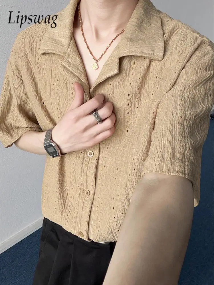 

Trendy Mens Solid Color Hollow Out Shirts 2026 Summer Stylish Turn-down Collar Short Sleeve Shirt Tops Men Casual Textured Shirt