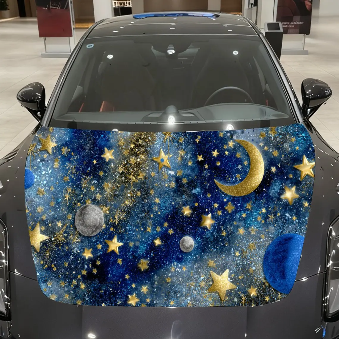Gilded Star-Moon Universe Car Vinyl Wrap, PVC Material Waterproof Car Hood Sticker, Self-Adhesive Scratch-Resistant Stickers for