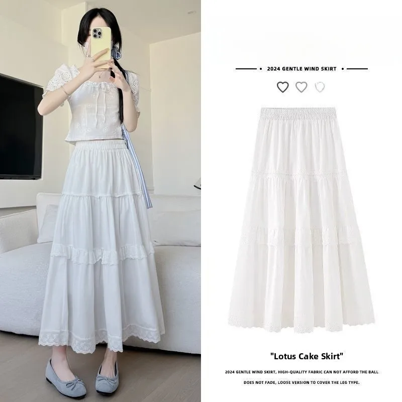 

White A-Line Skirt Women's Spring Autumn High Waist Slimming Versatile Umbrella Skirt Small Cake Skirt Commute Sle