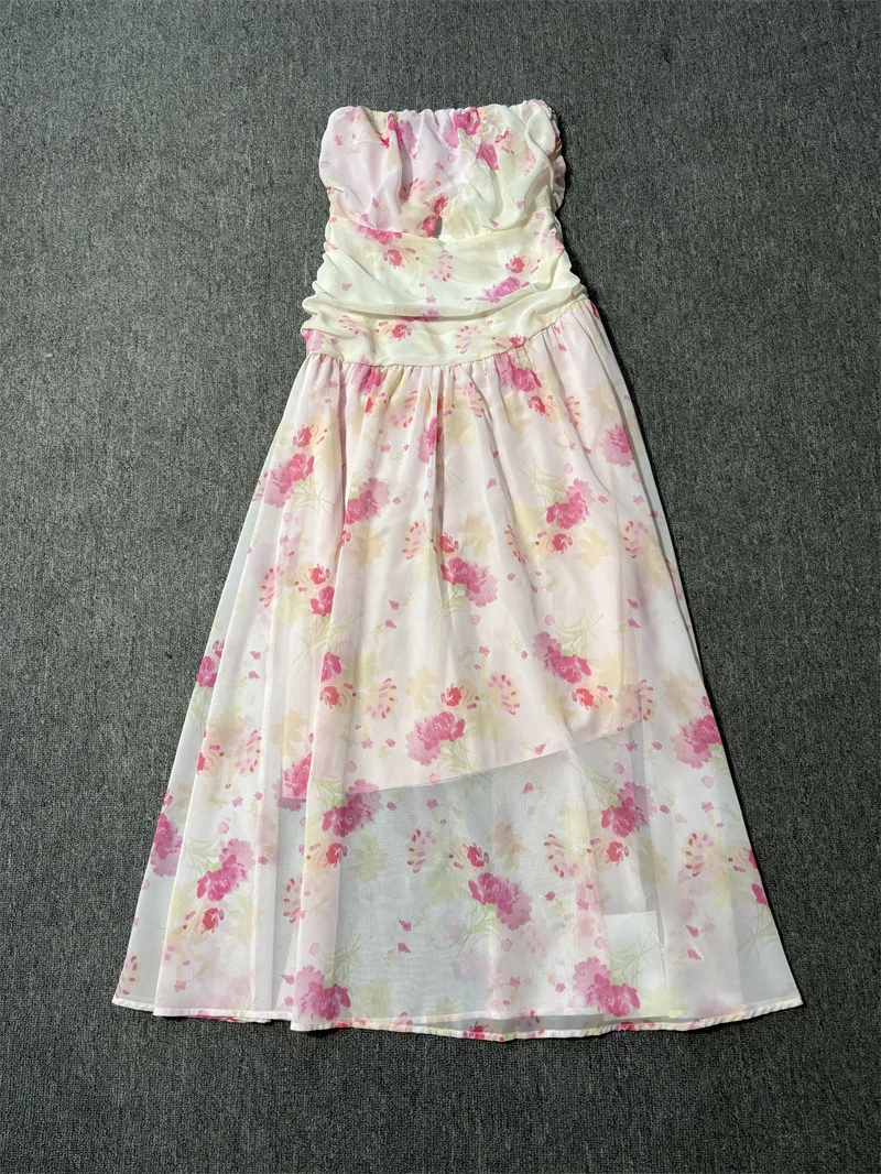 

Summer Pink Print Long Women Dress Sexy Strapless Holiday Beach Bohemian Dresses For Womens 60506