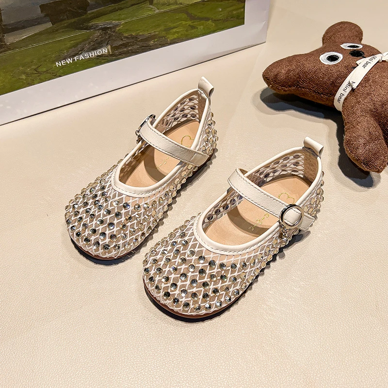 Girl Princess Shoes 2025 Spring New Mesh Breathable Full Diamond Beautiful Little Princess Soft Soled Comfortable Leather Shoes