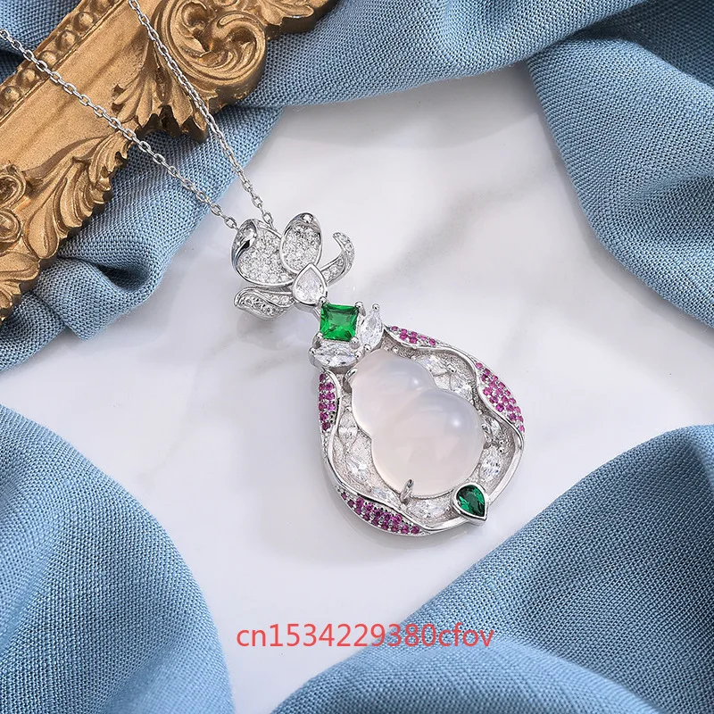 S925 Silver  Natural Agate Jade Chalcedony Gourd Pendant Necklace Accessories Charming Fashion Jewelry Gift for Women