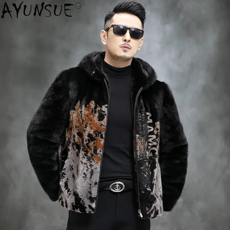 

AYUNSUE Mens Fur Coat Men Winter Jackets 2022 Real Mink Fur Coats Casual Warm Fur Jacket Hooded Clothes 3D Printing High-end SGG