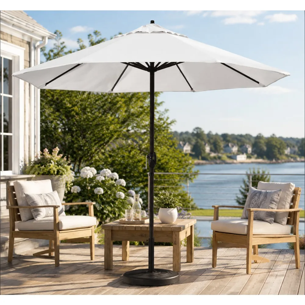 9ft Round Aluminum Patio Umbrella with Crank Lift and Auto Tilt, White Olefin, Bronze Pole