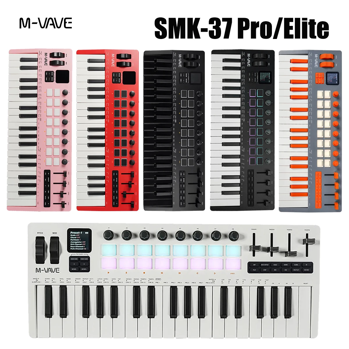 M-VAVE SMK-37 Pro/Elite MIDI Controller – 37 Velocity Keys, 8 Knobs, 4 Faders, Arpeggiator, Sequencer, Bluetooth/USB-C