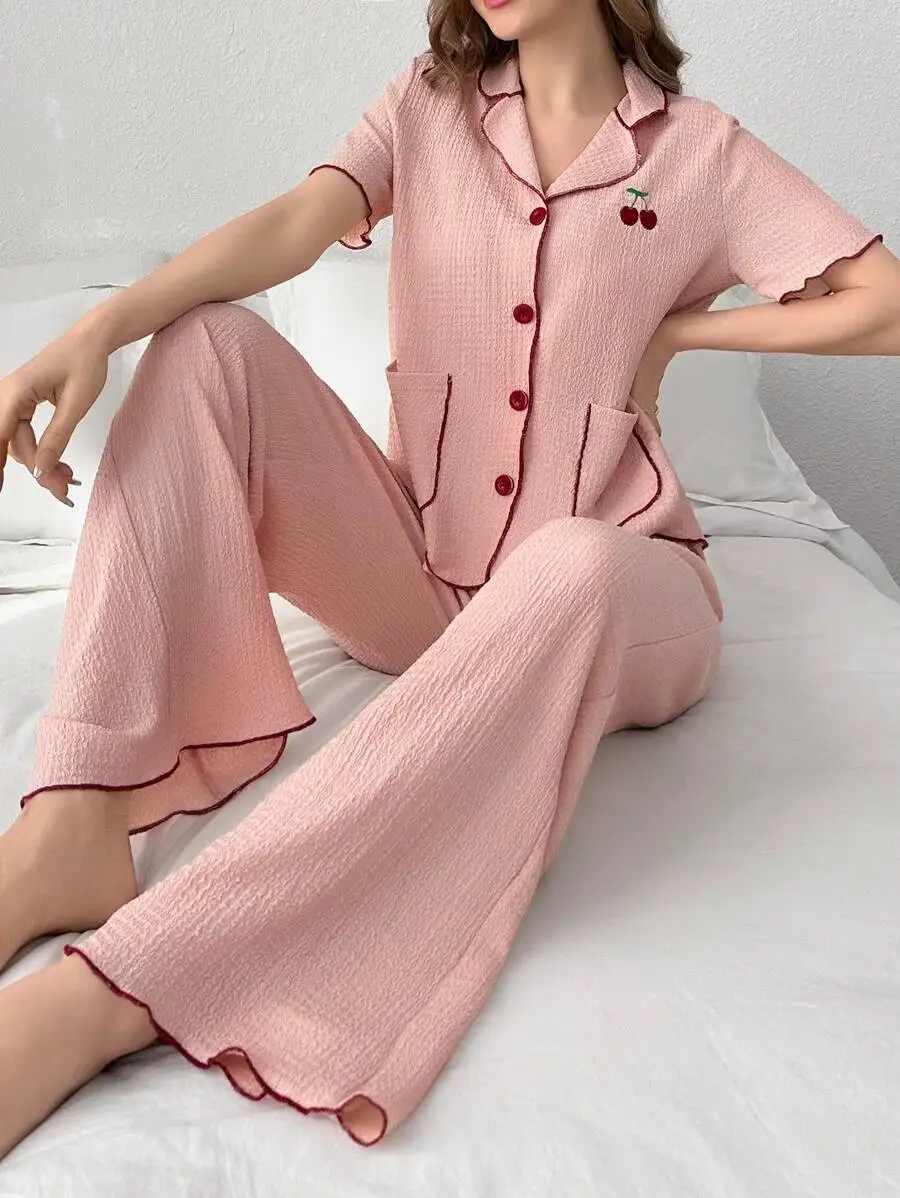 

Cherry Embroidery Contrast Trim Short Sleeve Pajama Set Women Lounge Wear