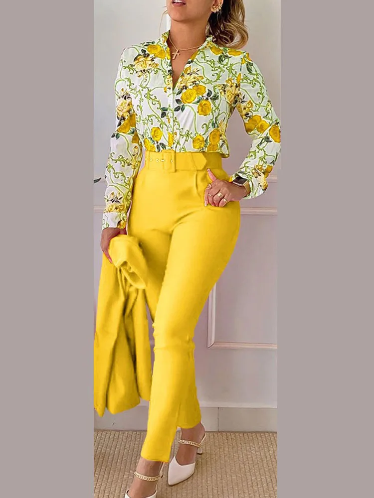 Women\'s Printed Long Sleeved Shirt Suit Spring Summer Slim High Waist Lace Up Elegant Female Office Pencil Pants Two Piece Set