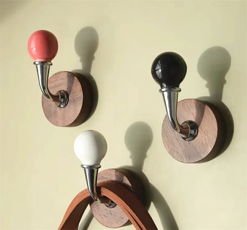 Nordic Ceramic Ball Wall Mounted Hooks Drilling/No Drilling Key Hat Coat Clothes Hanger Walnut Storage Rack Bedroom Door Hooks