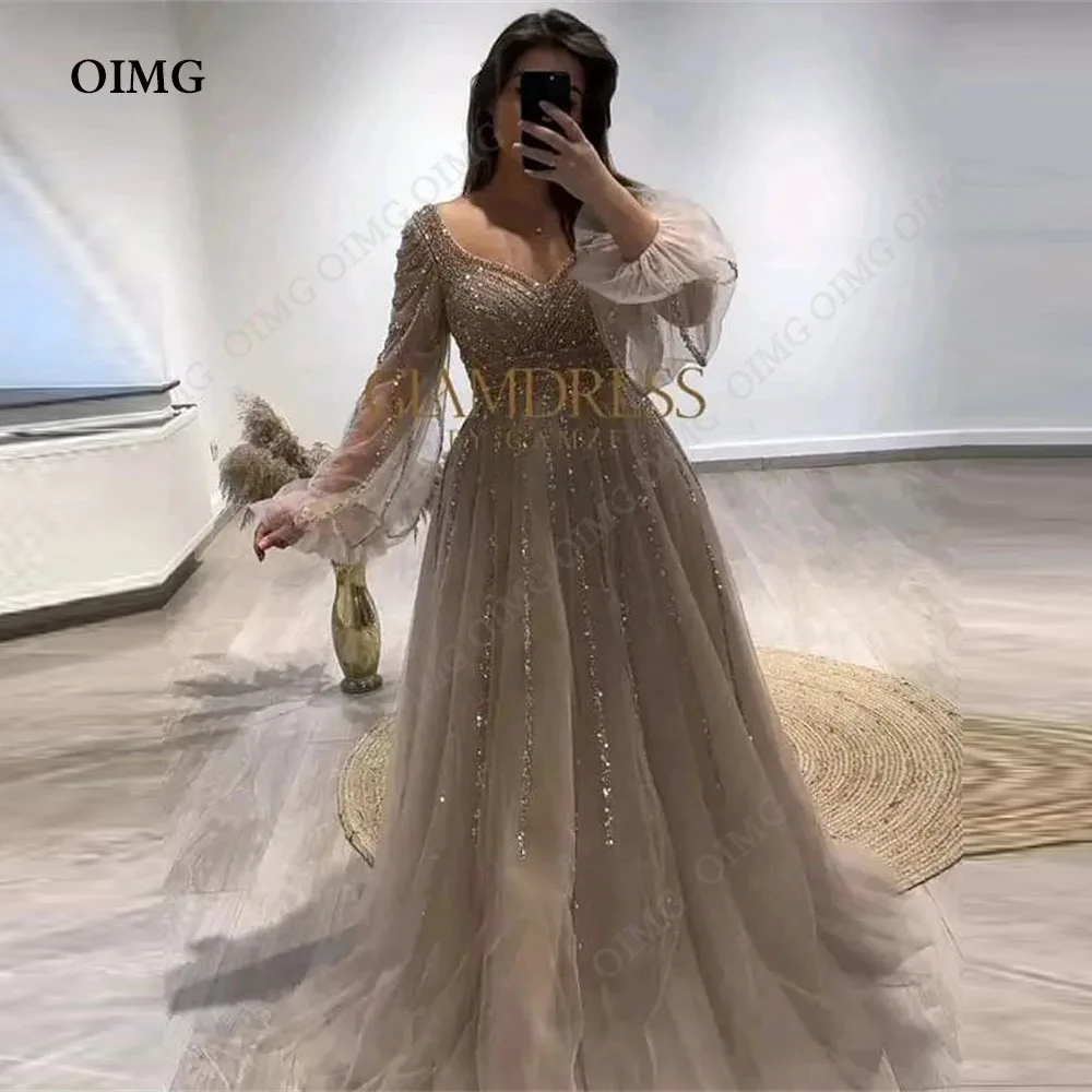 

OIMG Modern Champagne Tulle Long Prom Dresses Shiny Sequins A Line Full Sleeves Evening Gowns Arabic Women Formal Party Dress