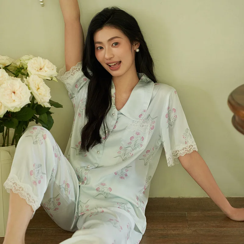 2024 New Ladies Two-Piece Pajamas Set Ice Silk Women Short-Sleeved Cardigan Printing Summer Ladies Elegant Pijamas Homewear Set