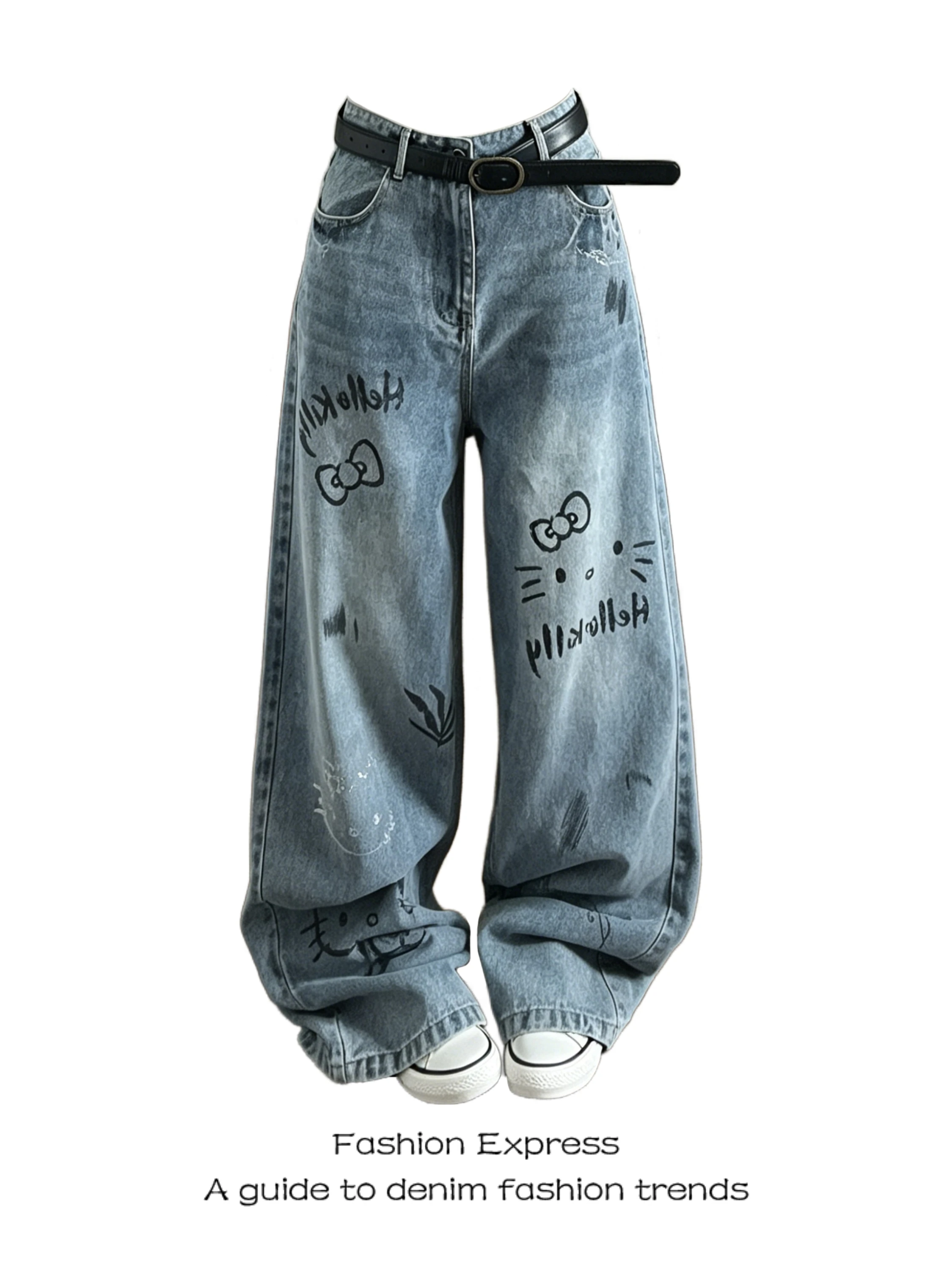 

High Waist Wide Leg Denim Jeans Women's Printed Washed Slimming Straight Leg Long Pants Fashionable Casual Commute Style