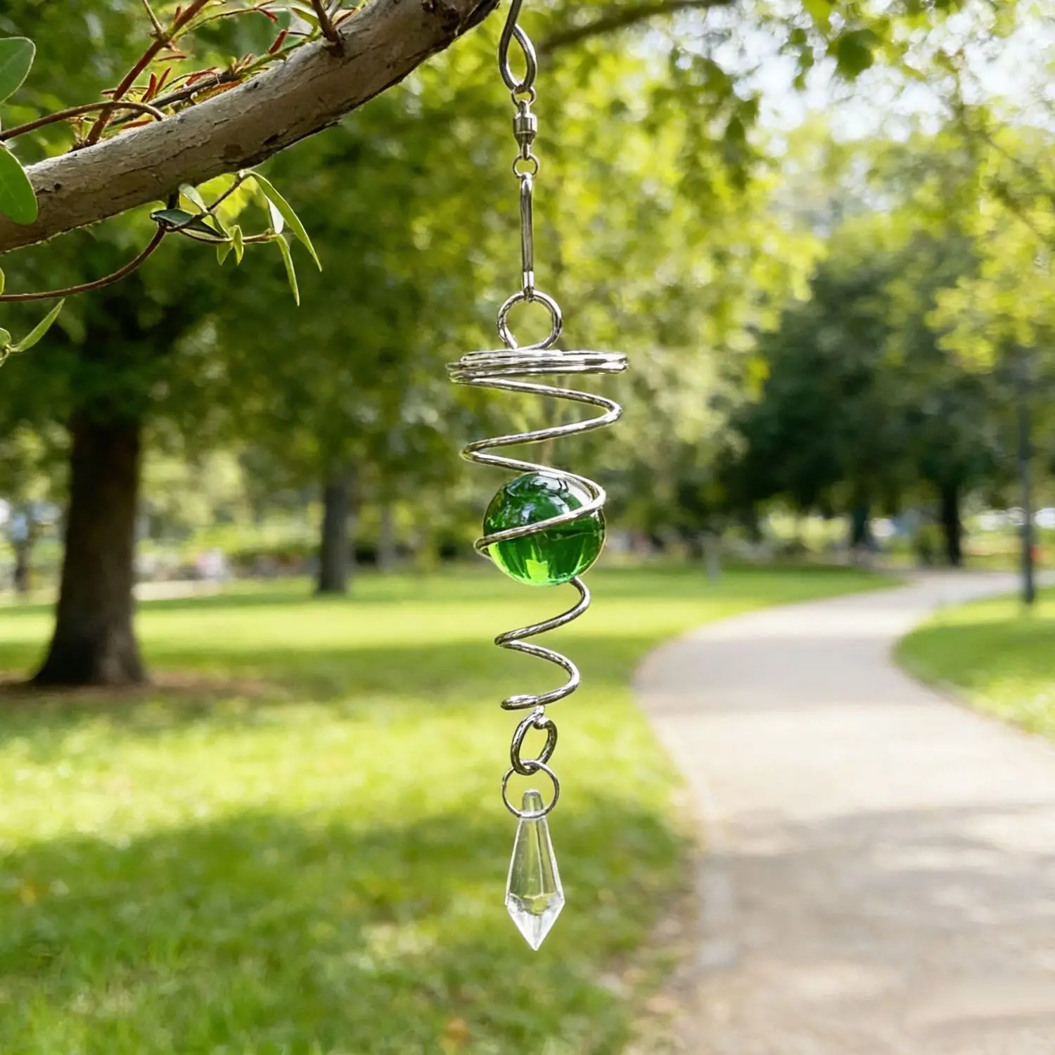 Spiral Silver Metal Wind Chime With Clear Crystal Ball Prism Hanging Suncatcher For Yard Patio Garden Home Decor