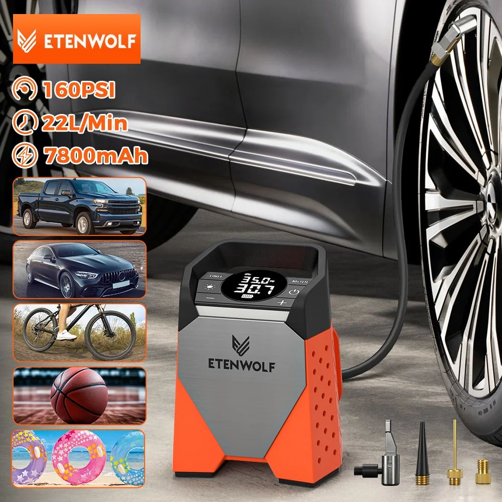ETENWOLF ZEPHYR S3C ポータブルエアコンプレッサー 100% デューティサイクル車のタイヤインフレーター 7800mAh 車、オートバイ、自転車ボール用