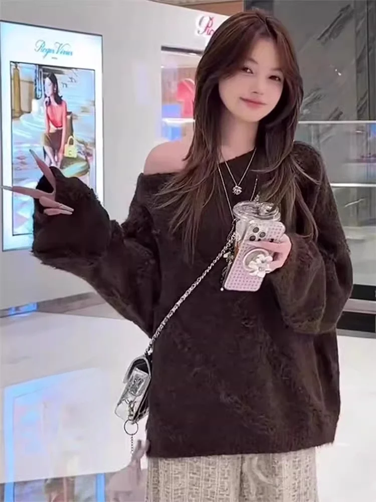 Coreano sle macio aconchegante camisola feminina solto ajuste versátil malha topo outono inverno nova chegada longo sve redondo ne camisola