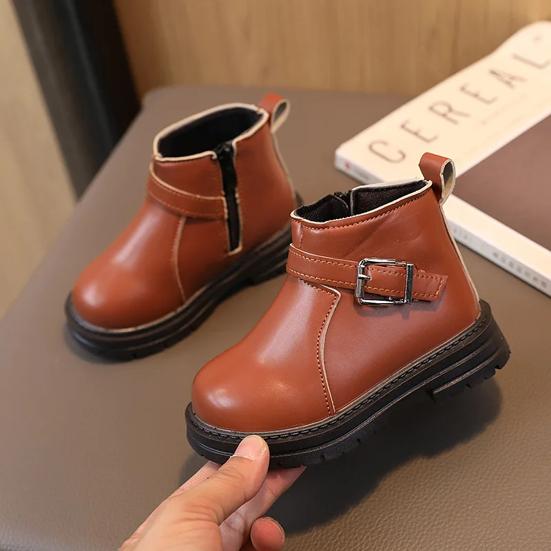 Children Short Boots for Girls Buckle Side Zipper Britain Style Versatile Boys Boots for Catwalk Spring New Drop Shipping Flats