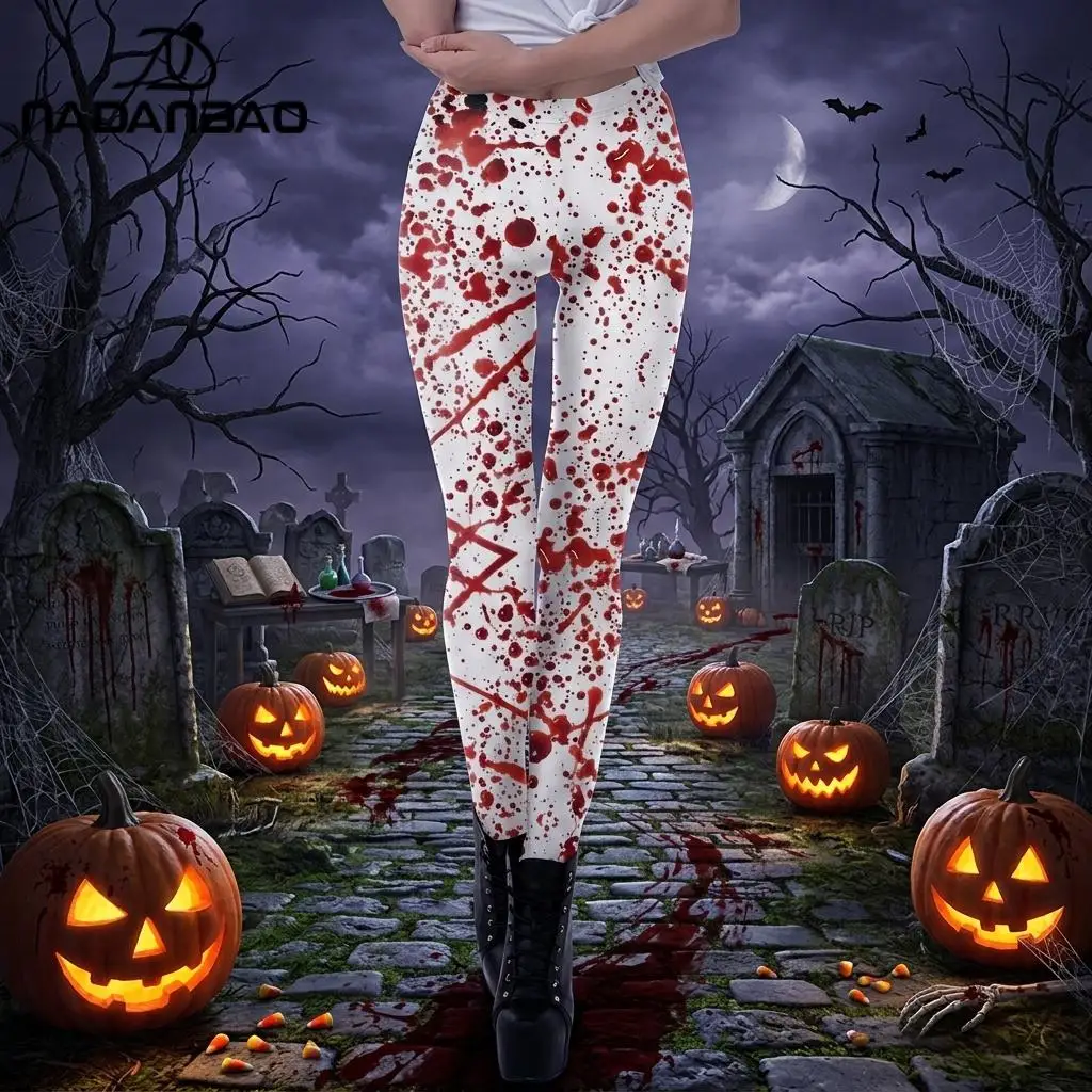 Nadanbao Halloween Scary Bloodstain Print Leggings Women's White Mid Waist Trousers Thin Slim Elastic Pants Workout Yoga Bottom