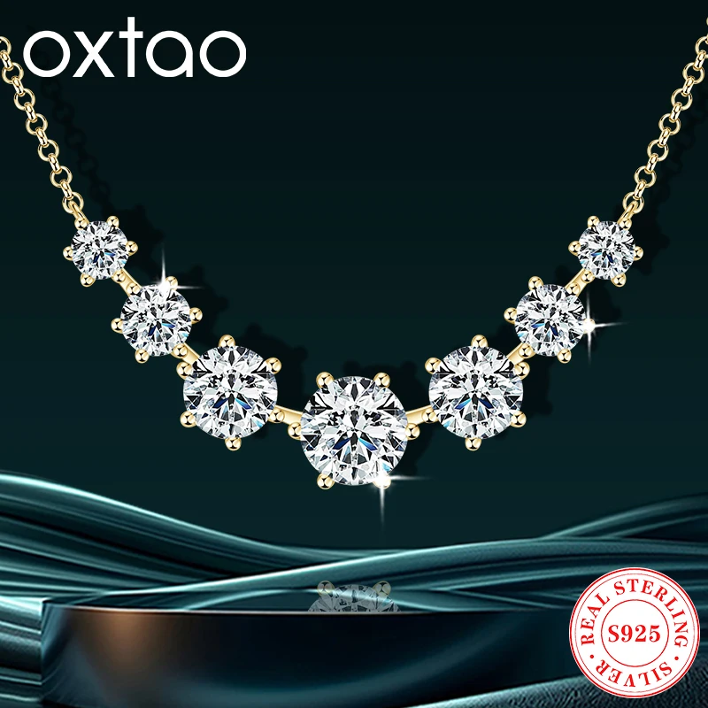 

OXTAO 7-Stone Smile Moissanite Drop Necklace 925 Sterling Sliver D VVS1 Diamond Pendant Necklace Plated 14kGold Romantic Jewelry
