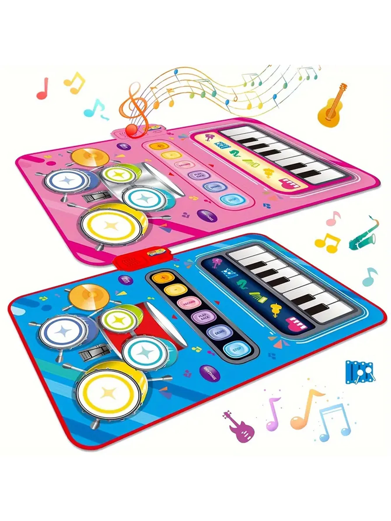 

2 In 1 Piano Mat For Kids-Music Sensory Play Mat Piano Keyboard & Jazz Drum Music Touch Play Carpet With 2 Sticks