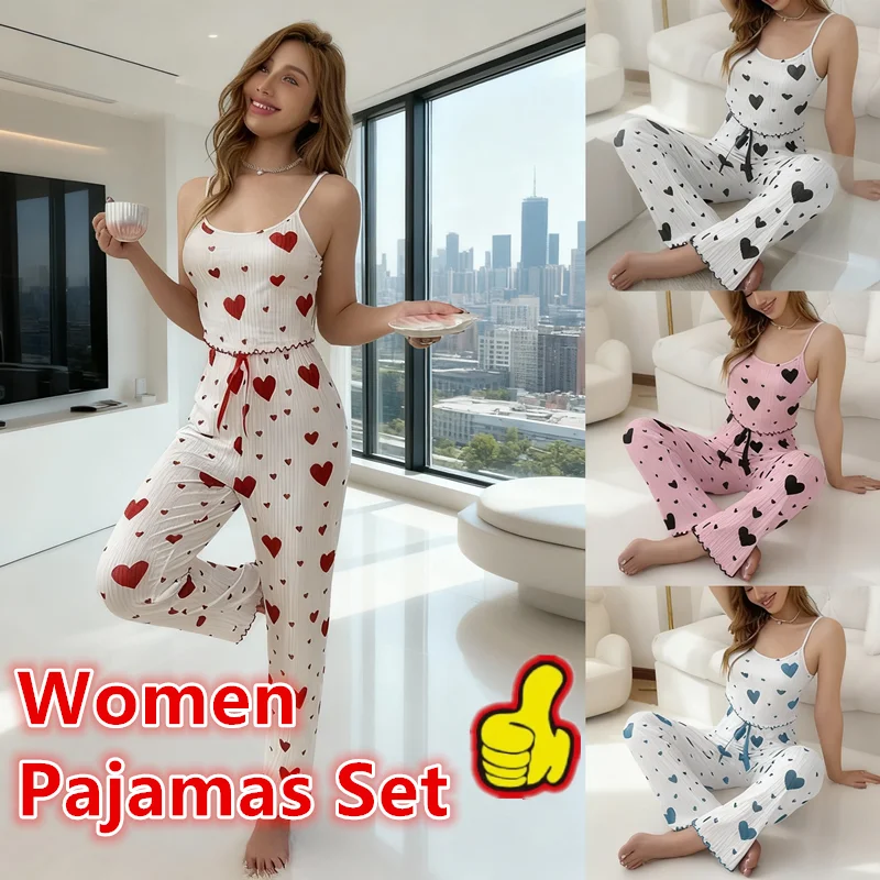 

NEW Plus Size Women Pajamas Set 2 Piece Sleeveless Vest and Trousers White Soft Breathable Sleepwear Casual Red Heart Print