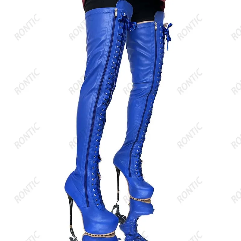 Rontic 2022 Women Winter Thigh Boots Platform Faux Leather Full Side Zipper Stiletto Heels Round Toe Black Shoes US Size 5-20