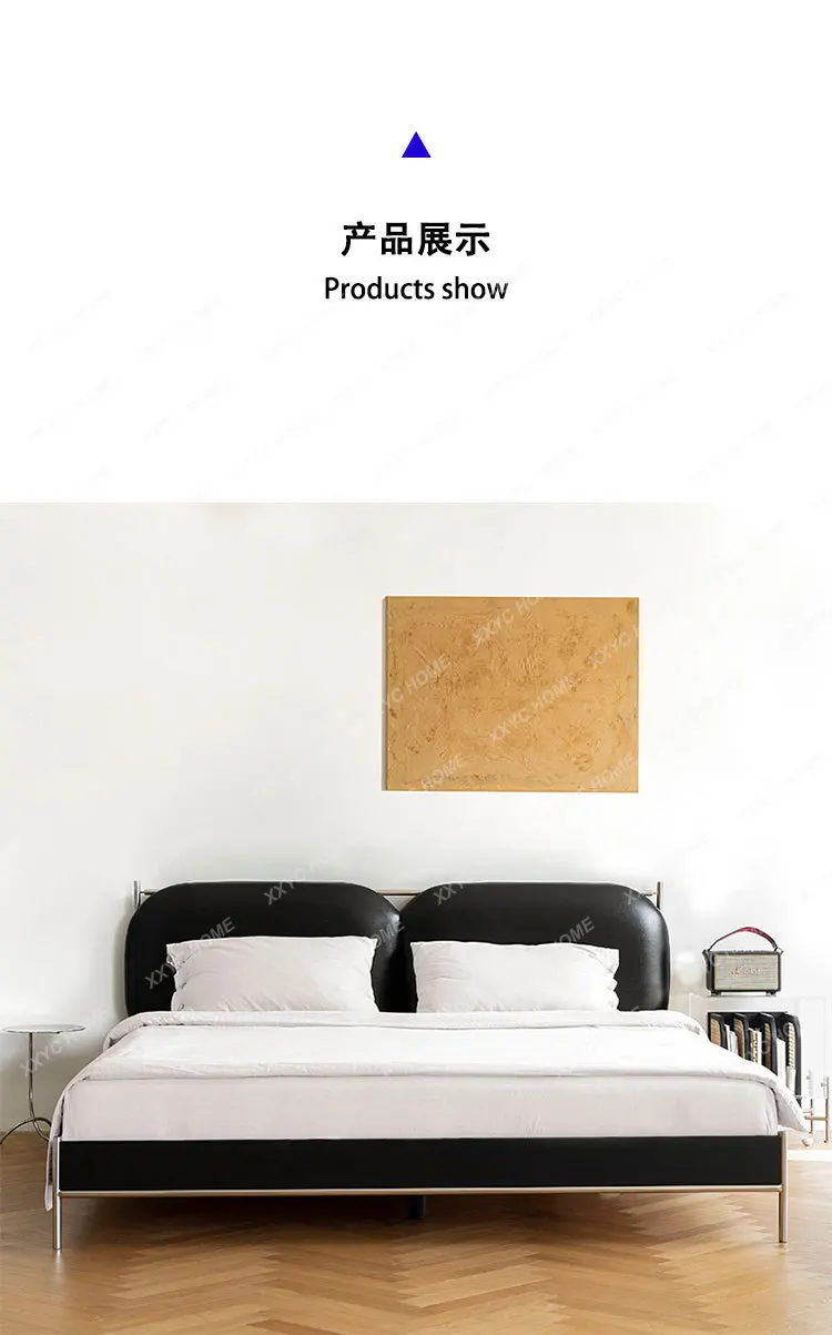 

Leather Art Medium Ancient Bed Light Luxury Modern Master Big Black Retro Bed Solid Wood Leather Bed