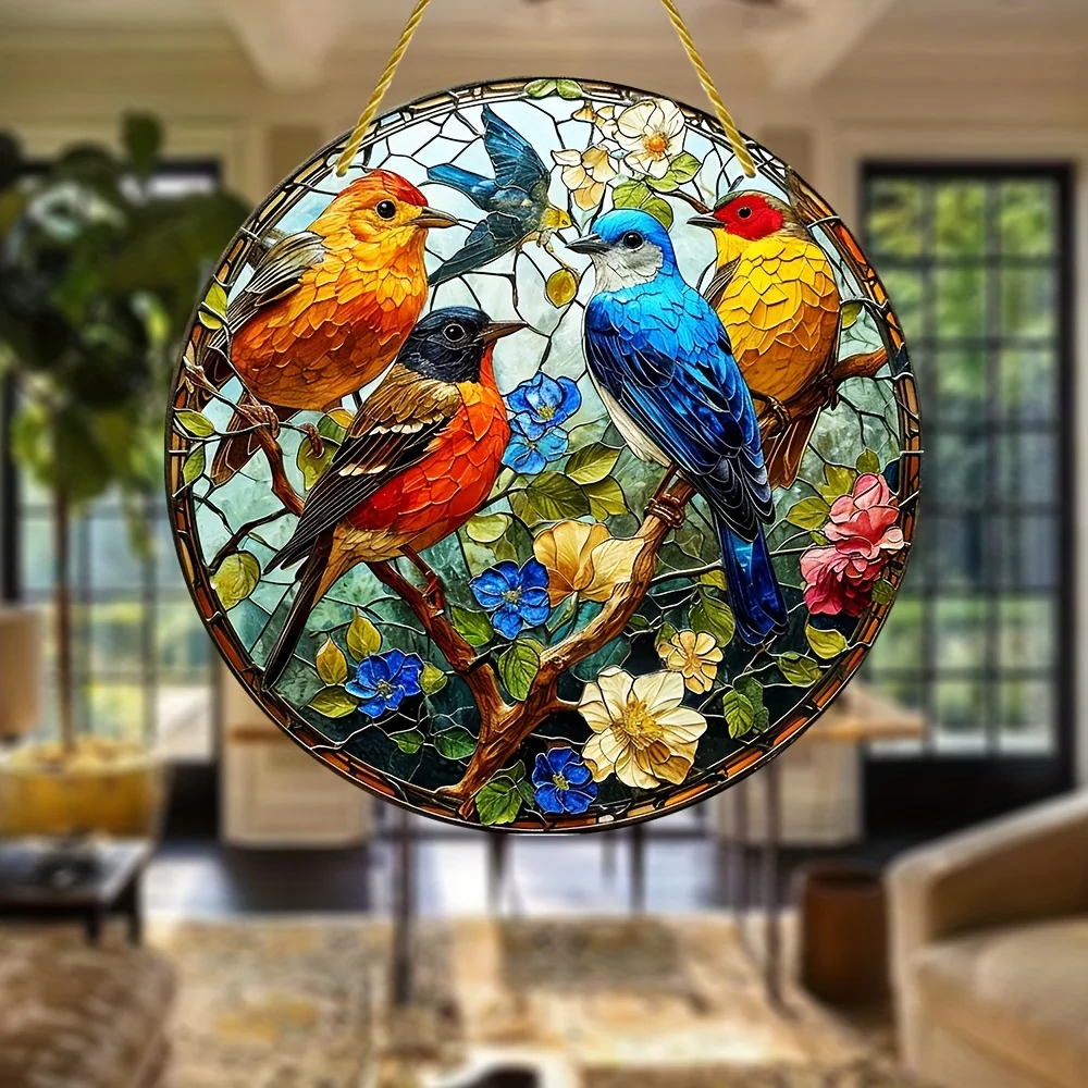 Birds on Branches Stain Window Hanging,Sun Catcher,Funny Acrylic Round Wreath Sign for Garden, Yard,House,Home,Door welcome