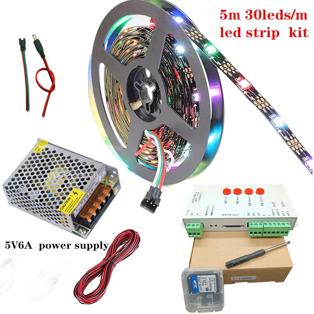 WS2812B WS2812 RGB Led Strip Light Tape T-1000S SD Card Pixels RGB Led Controller DC5V Led Transformer Kit 5m 10m