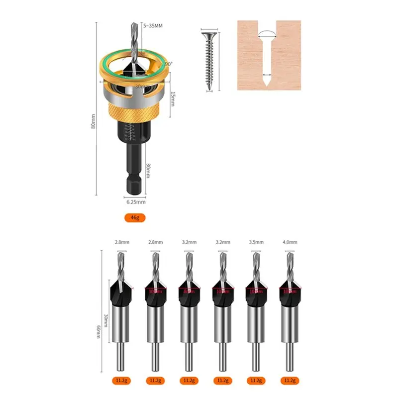 B-T Premium M2 Chamfered Drill Bit Kit High-Speed Steel With Adjustable Depth Stop For Wood And Aluminum Applications