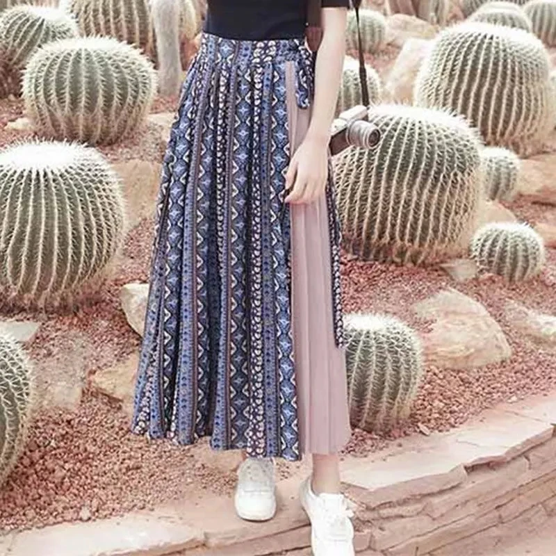 

Skirts Womens 2023 Summer Chiffon High Waist Patchwork Print Pleated Skirt Vintage Casual A-line Midi Skirt Beach Dress Vestidos