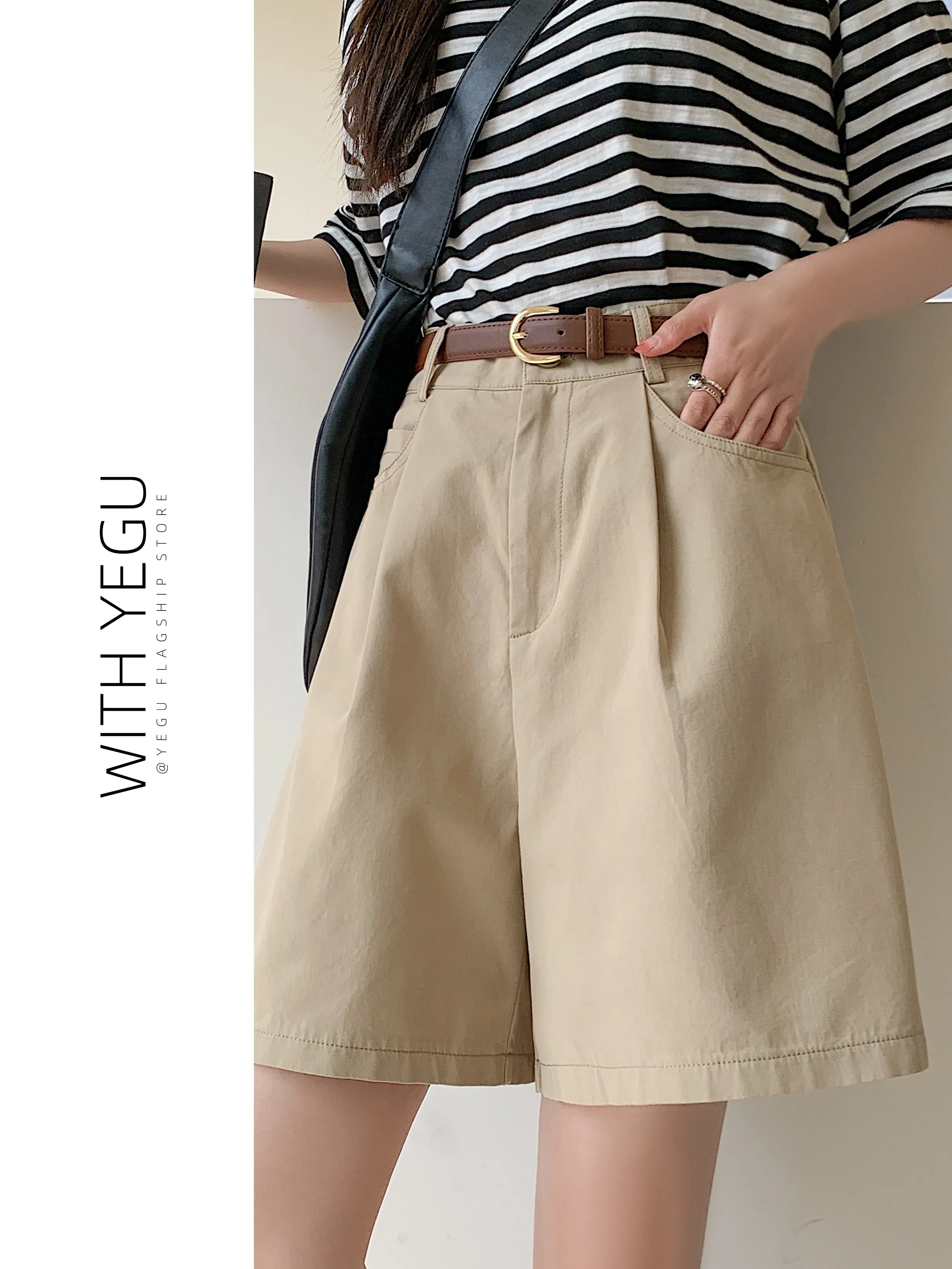 Khaki Workwear Short Pants Women Summer Thin Loose A-Line Wide Leg Medium Pants High Waist Suit Five-Point Cotton Linen Pants
