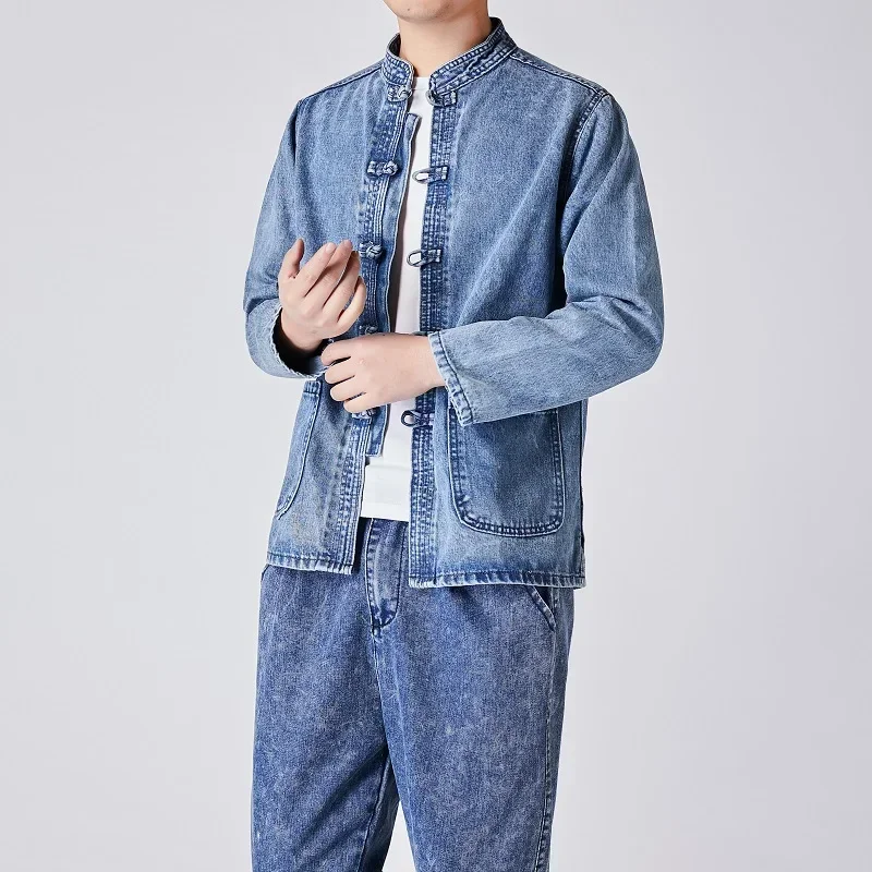 Autumn Men\'s Chinese Style Tang Suit Washed Denim Top Stand Collar Jacket  Denim Jacket Men Casual Cotton coat Jacket Men