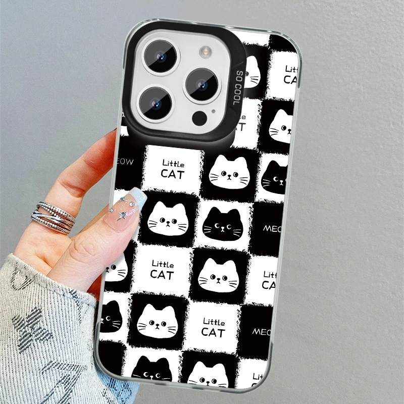 

Black White splice Checkerboard Grid little Cats Pattern Phone Case for iPhone 11 12 13 14 15 16 17 Pro Max 15 Plus Cover